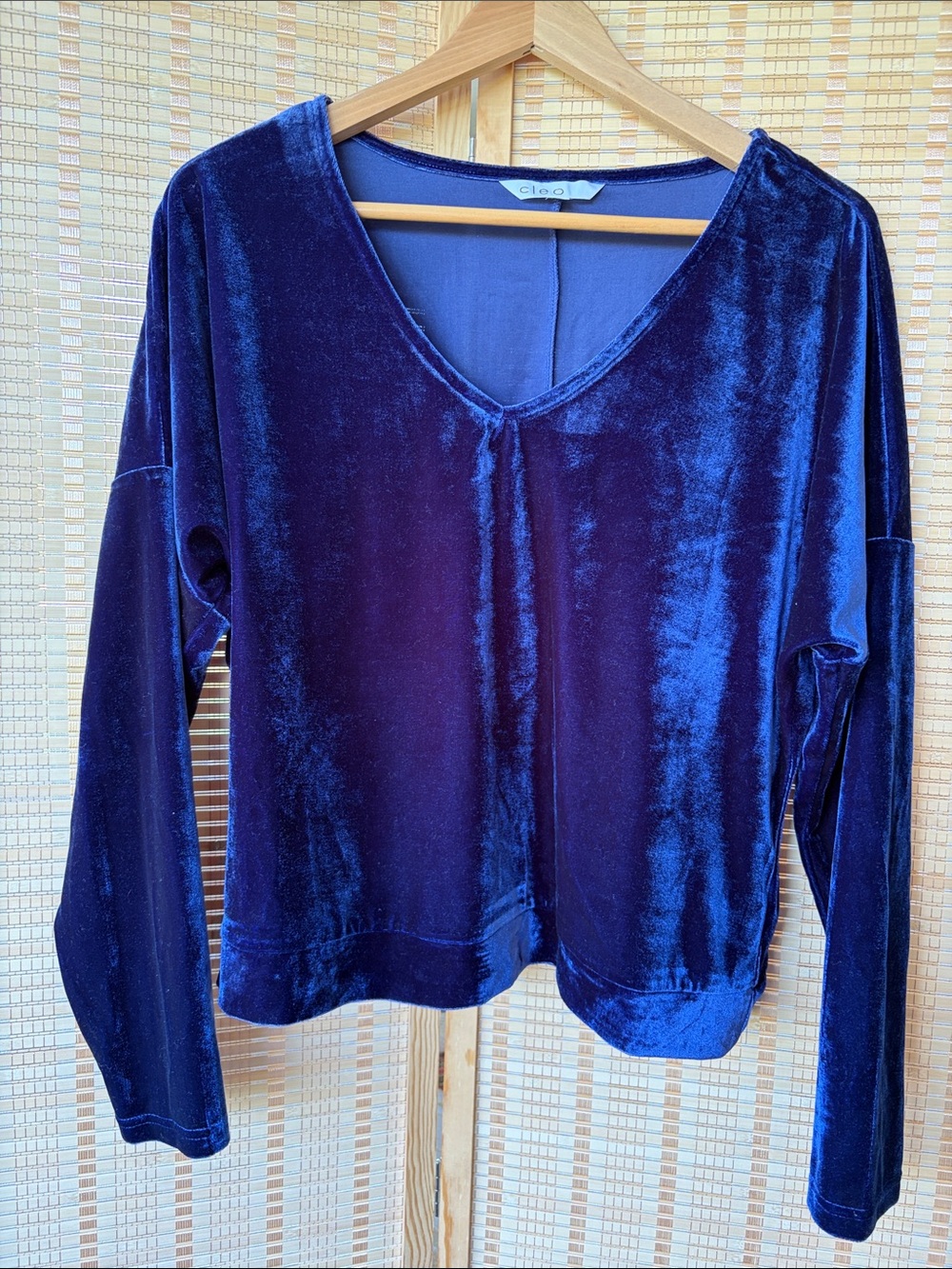 Cleo Royal Blue Velvet Velour V-Neck Boxy Pullover